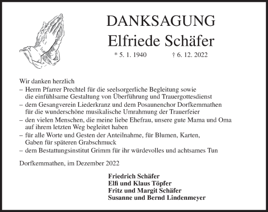 Traueranzeige von Elfriede Schäfer von Dinkelsbühl/ Feuchtwangen