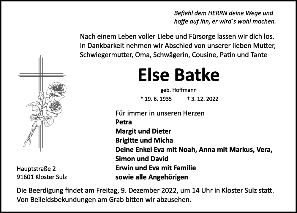  Traueranzeige für Else Batke vom 07.12.2022 aus Rothenburg