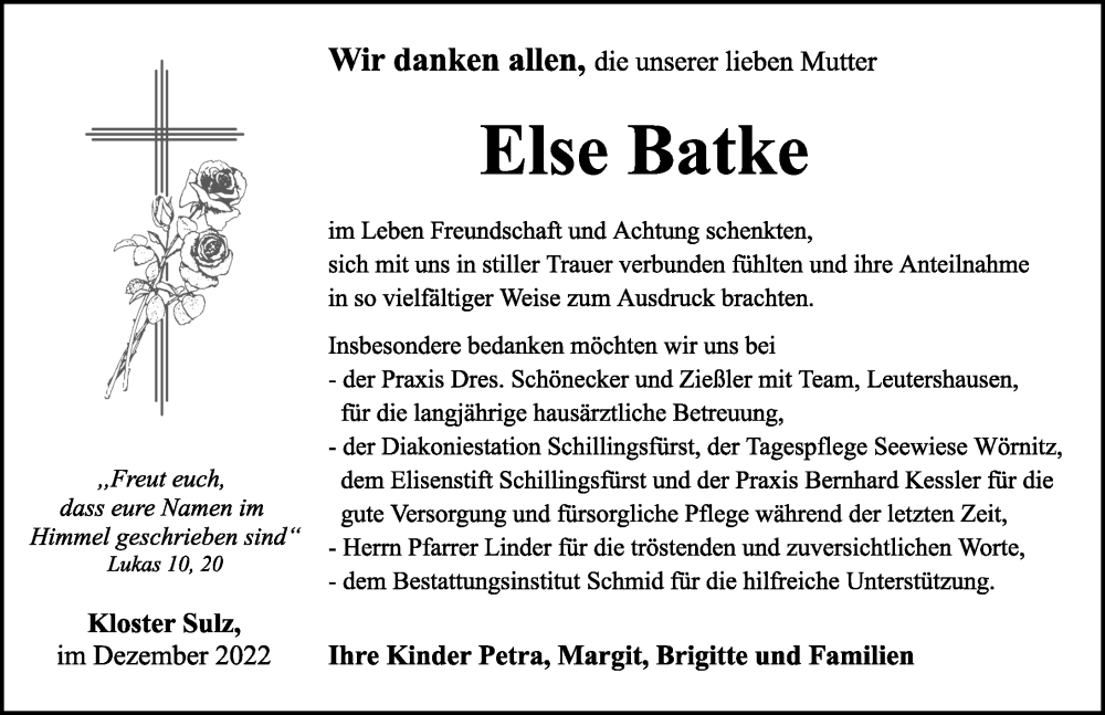  Traueranzeige für Else Batke vom 24.12.2022 aus Rothenburg