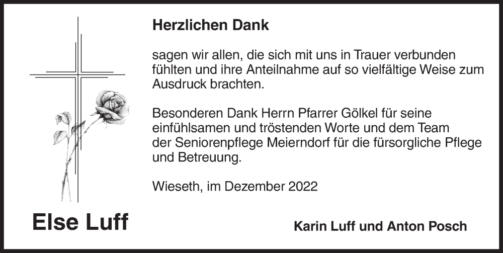  Traueranzeige für Else Luff vom 17.12.2022 aus Ansbach