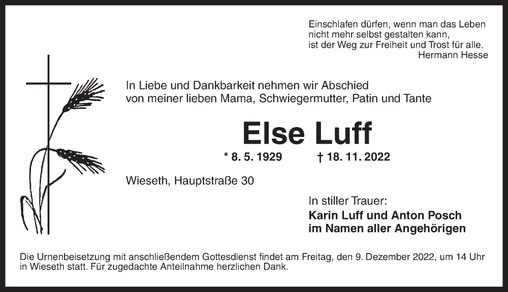  Traueranzeige für Else Luff vom 06.12.2022 aus Ansbach