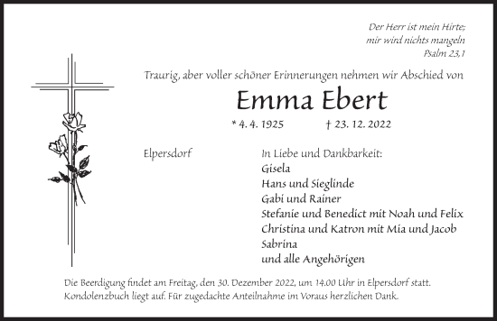 Traueranzeige von Emma Ebert von Ansbach