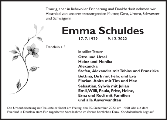 Traueranzeige von Emma Schuldes von Dinkelsbühl/ Feuchtwangen