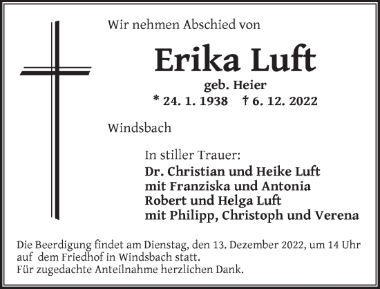 Traueranzeige von Erika Luft von Ansbach