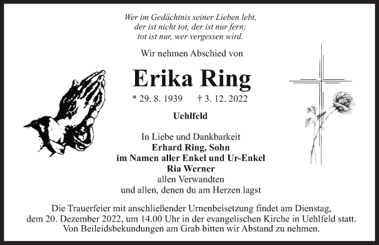 Traueranzeige von Erika Ring von Neustadt/ Scheinfeld/ Uffenheim