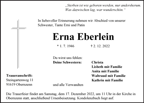 Traueranzeige von Erna Eberlein von Neustadt/ Scheinfeld/ Uffenheim