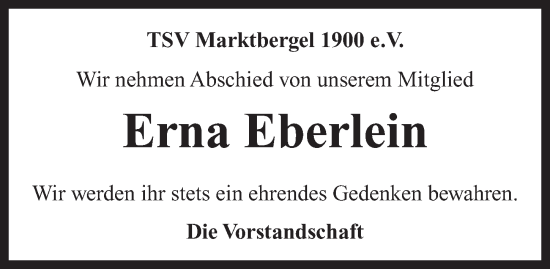 Traueranzeige von Erna Eberlein von Neustadt/ Scheinfeld/ Uffenheim