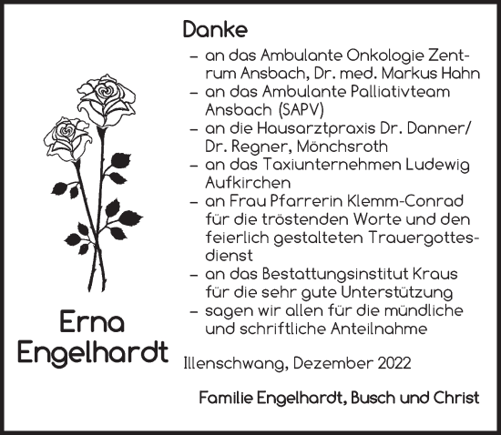 Traueranzeige von Erna Engelhardt von Ansbach