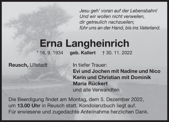 Traueranzeige von Erna Langheinrich von Neustadt/ Scheinfeld/ Uffenheim