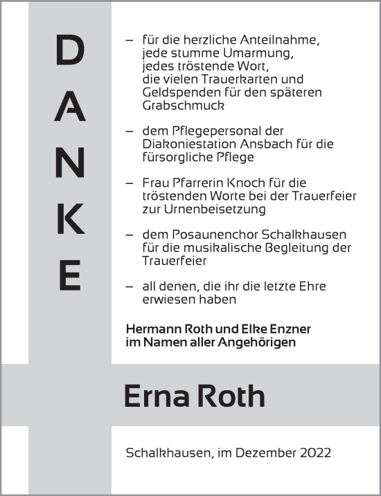 Traueranzeige von Erna Roth von Ansbach