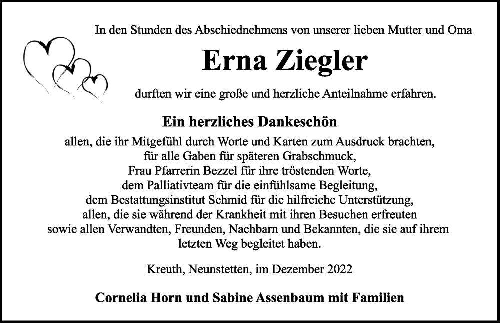  Traueranzeige für Erna Ziegler vom 03.12.2022 aus Ansbach