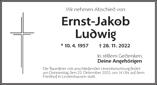 Traueranzeige von Ernst-Jakob Ludwig von Ansbach