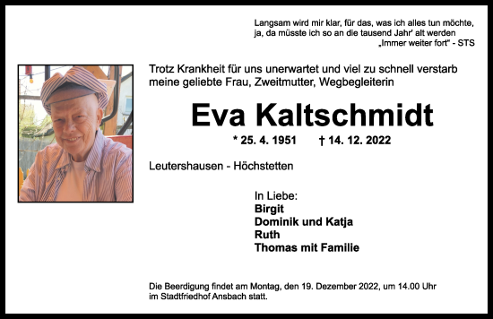 Traueranzeige von Eva Kaltschmidt von Ansbach