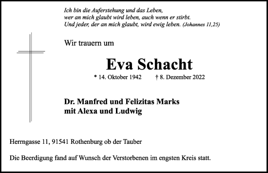 Traueranzeige von Eva Schacht von Rothenburg