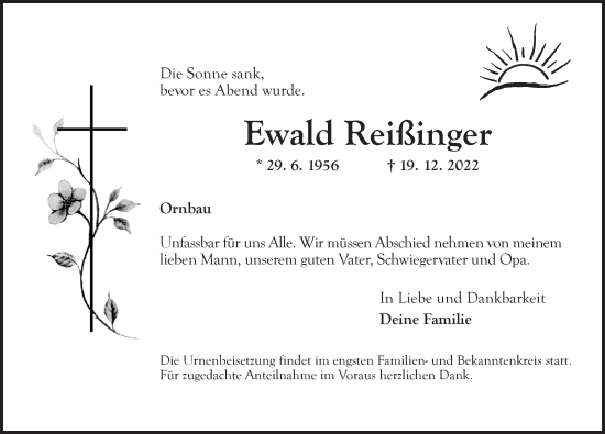 Traueranzeige von Ewald Reißinger von Ansbach