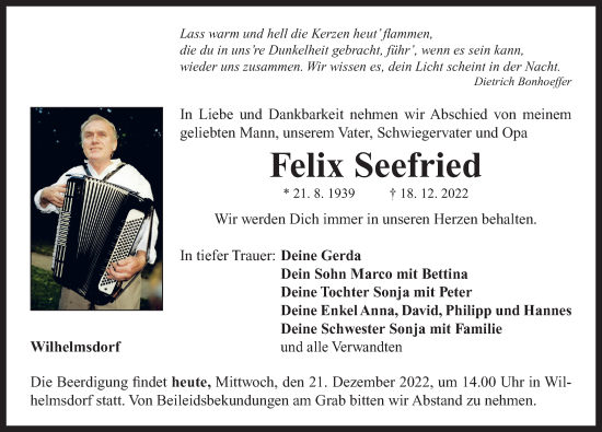 Traueranzeige von Felix Seefried von Neustadt/ Scheinfeld/ Uffenheim