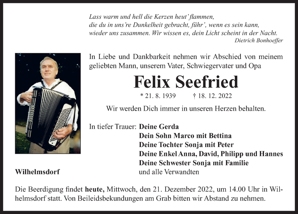  Traueranzeige für Felix Seefried vom 21.12.2022 aus Neustadt/ Scheinfeld/ Uffenheim