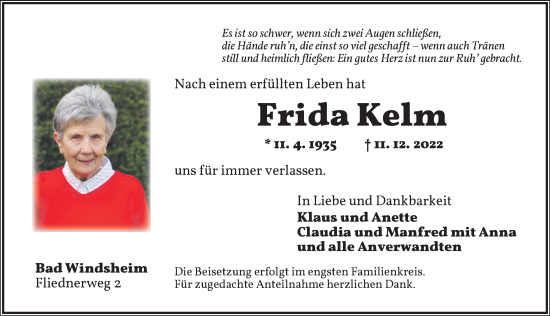 Traueranzeige von Frida Kelm von Neustadt/ Scheinfeld/ Uffenheim