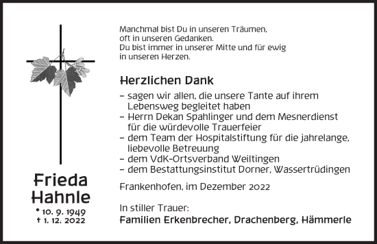 Traueranzeige von Frieda Hahnle von Dinkelsbühl/ Feuchtwangen