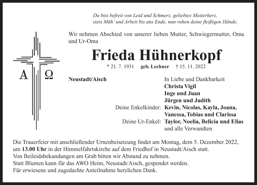  Traueranzeige für Frieda Hühnerkopf vom 01.12.2022 aus Neustadt/ Scheinfeld/ Uffenheim