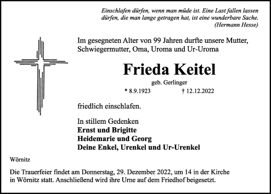 Traueranzeige von Frieda Keitel von Rothenburg