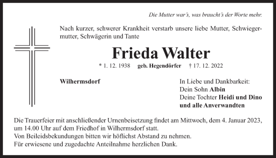 Traueranzeige von Frieda Walter von Neustadt/ Scheinfeld/ Uffenheim