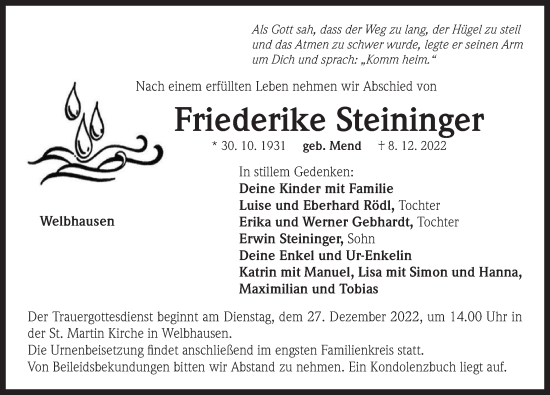 Traueranzeige von Friederike Steininger von Neustadt/ Scheinfeld/ Uffenheim