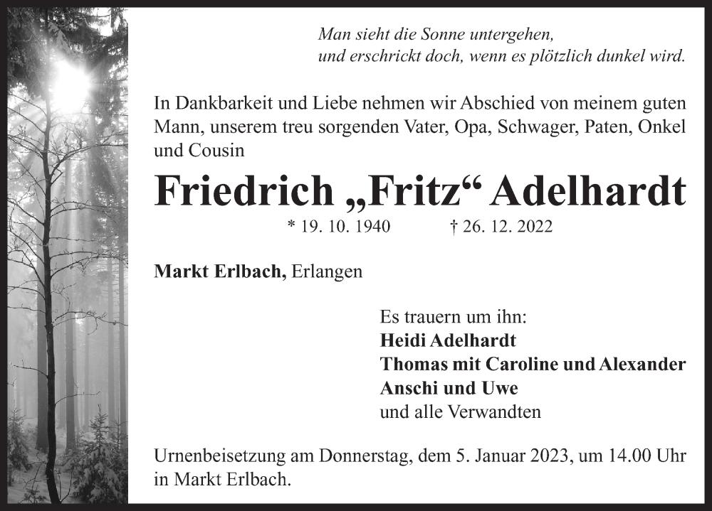  Traueranzeige für Friedrich  Adelhardt vom 31.12.2022 aus Neustadt/ Scheinfeld/ Uffenheim