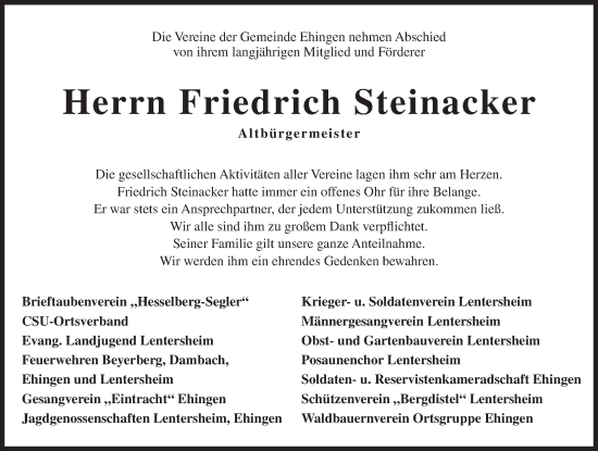 Traueranzeige von Friedrich Steinacker von Dinkelsbühl/ Feuchtwangen