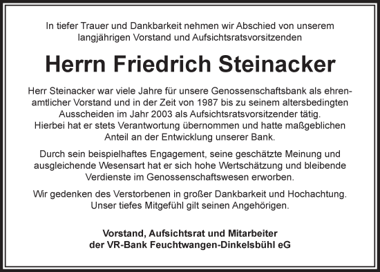 Traueranzeige von Friedrich Steinacker von Dinkelsbühl/ Feuchtwangen