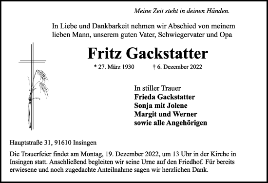 Traueranzeige von Fritz Gackstatter von Rothenburg