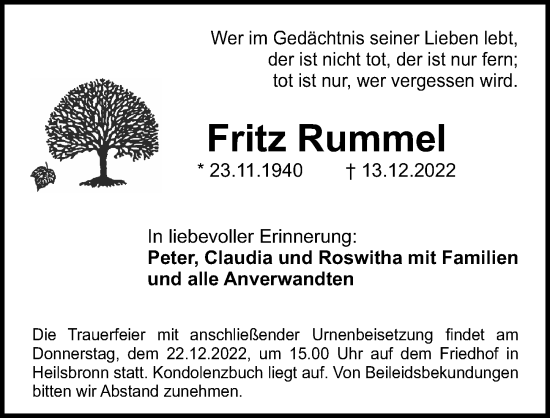 Traueranzeige von Fritz Rummel von Ansbach