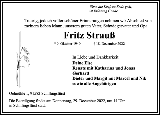 Traueranzeige von Fritz Strauß von Rothenburg