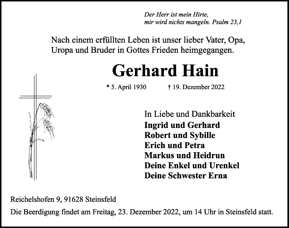  Traueranzeige für Gerhard Hain vom 22.12.2022 aus Rothenburg