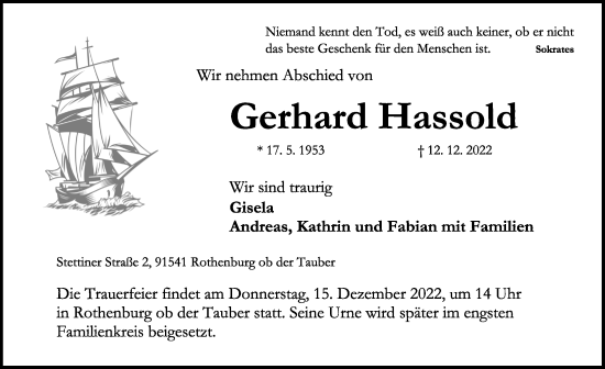 Traueranzeige von Gerhard Hassold von Rothenburg