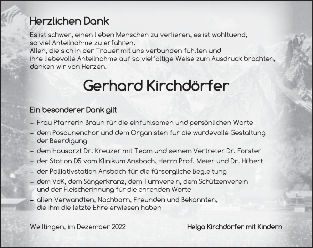  Traueranzeige für Gerhard Kirchdörfer vom 24.12.2022 aus Dinkelsbühl/ Feuchtwangen