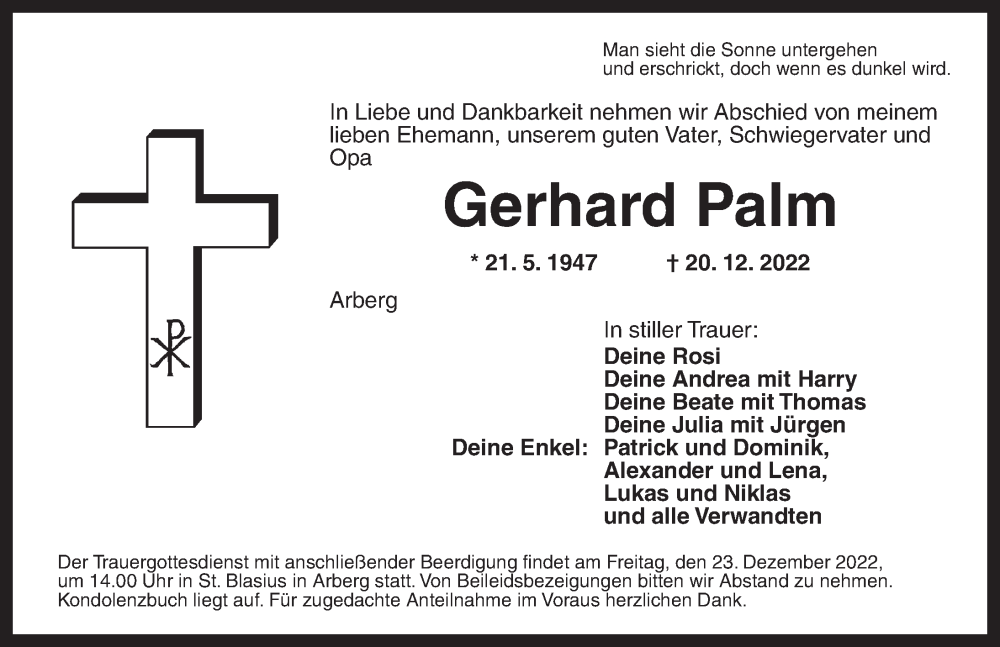  Traueranzeige für Gerhard Palm vom 22.12.2022 aus Dinkelsbühl/ Feuchtwangen