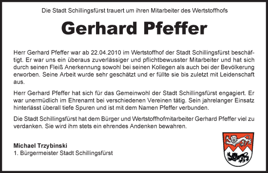 Traueranzeige von Gerhard Pfeffer von Rothenburg