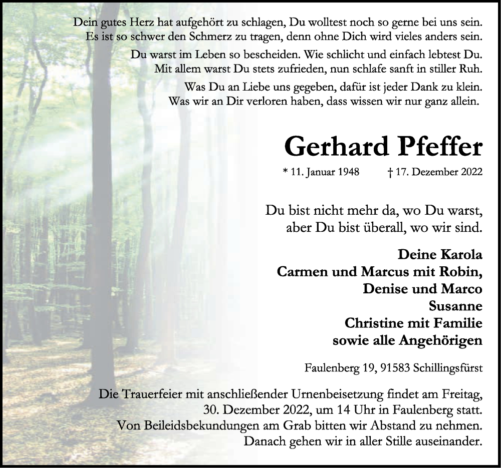  Traueranzeige für Gerhard Pfeffer vom 23.12.2022 aus Rothenburg