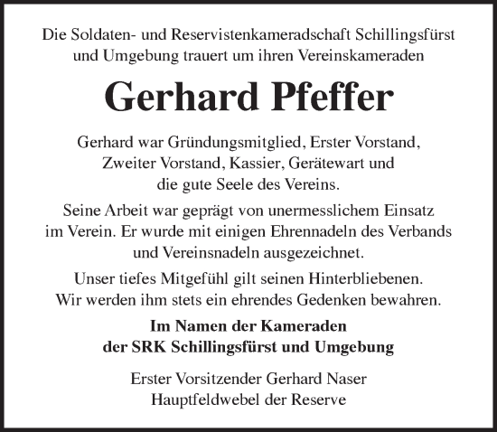 Traueranzeige von Gerhard Pfeffer von Rothenburg