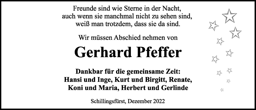  Traueranzeige für Gerhard Pfeffer vom 23.12.2022 aus Rothenburg