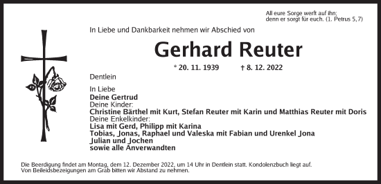 Traueranzeige von Gerhard Reuter von Dinkelsbühl/ Feuchtwangen