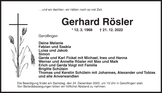 Traueranzeige von Gerhard Rösler von Dinkelsbühl/ Feuchtwangen