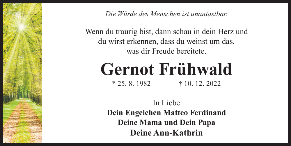  Traueranzeige für Gernot Frühwald vom 20.12.2022 aus Neustadt/ Scheinfeld/ Uffenheim