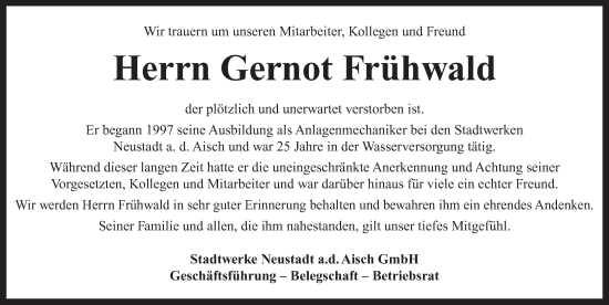 Traueranzeige von Gernot Frühwald von Neustadt/ Scheinfeld/ Uffenheim