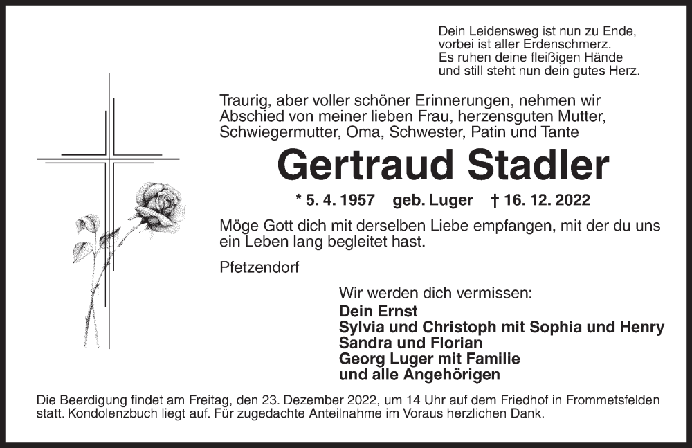  Traueranzeige für Gertraud Stadler vom 21.12.2022 aus Ansbach