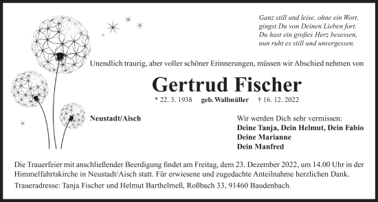 Traueranzeige von Gertrud Fischer von Neustadt/ Scheinfeld/ Uffenheim