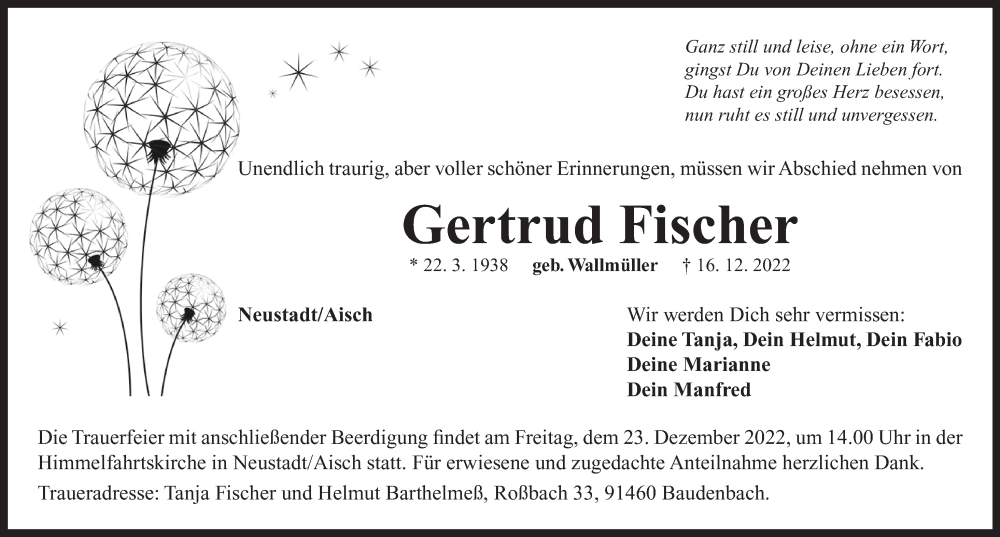  Traueranzeige für Gertrud Fischer vom 20.12.2022 aus Neustadt/ Scheinfeld/ Uffenheim
