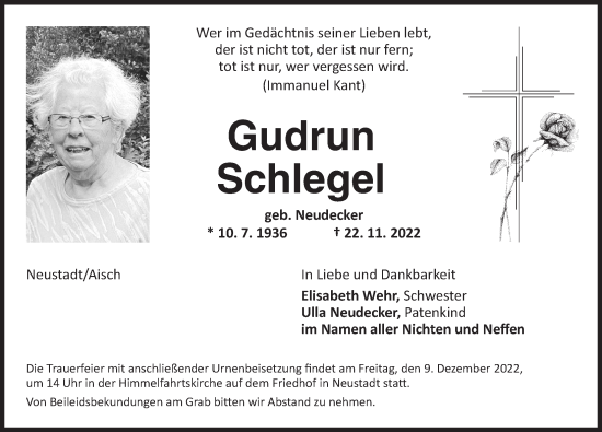 Traueranzeige von Gudrun Schlegel von Neustadt/ Scheinfeld/ Uffenheim