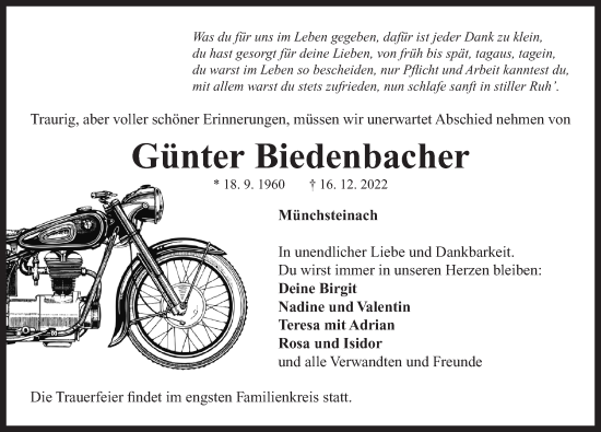 Traueranzeige von Günter Biedenbacher von Neustadt/ Scheinfeld/ Uffenheim